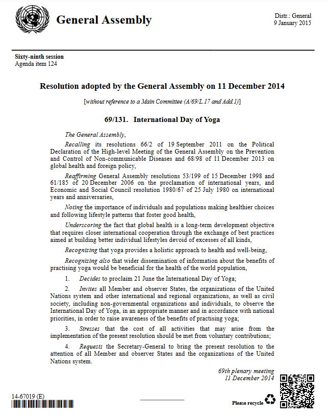 International Day of Yoga -Resolution adopted by UN on 11 December 2014